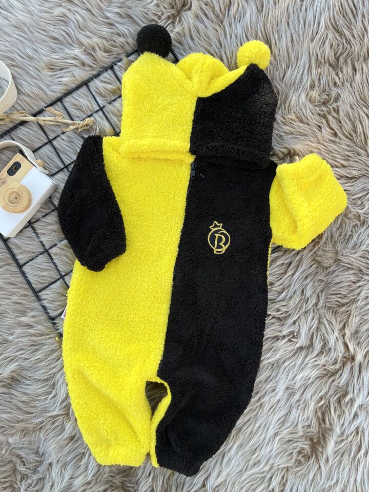 Welsoft Peluş Unisex Fermuarlı Kışlık Ponponlu Palyaço Bebek Uyku Tulumu sarı-siyah - 0-6 Ay