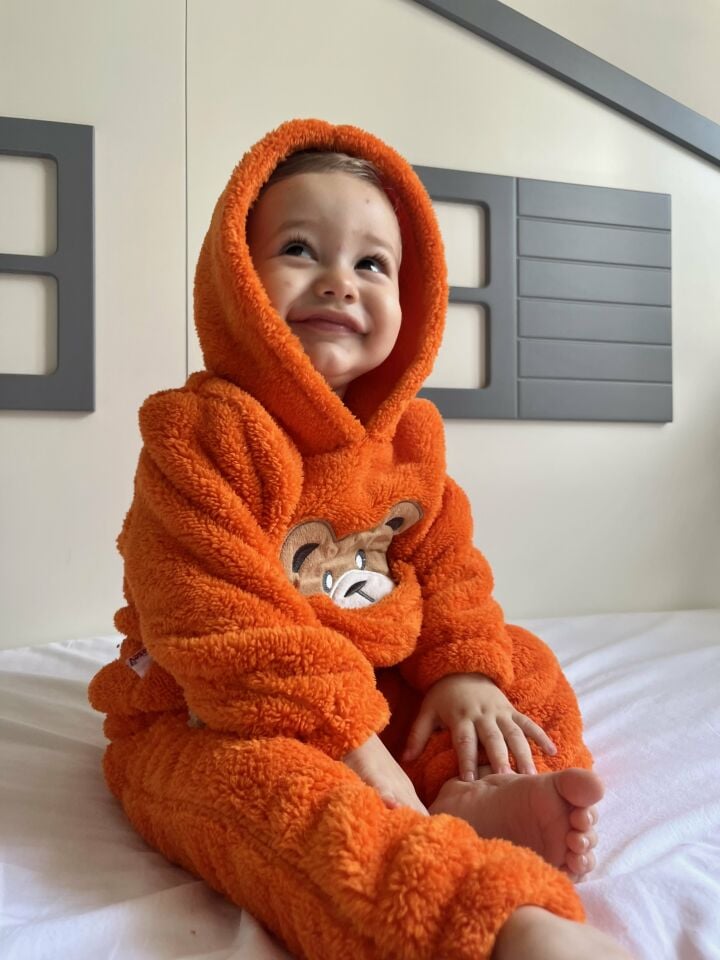 Kışlık Peluş Welsoft Cepli Kapüşonlu Bebek Takımı turuncu - 5 YAŞ