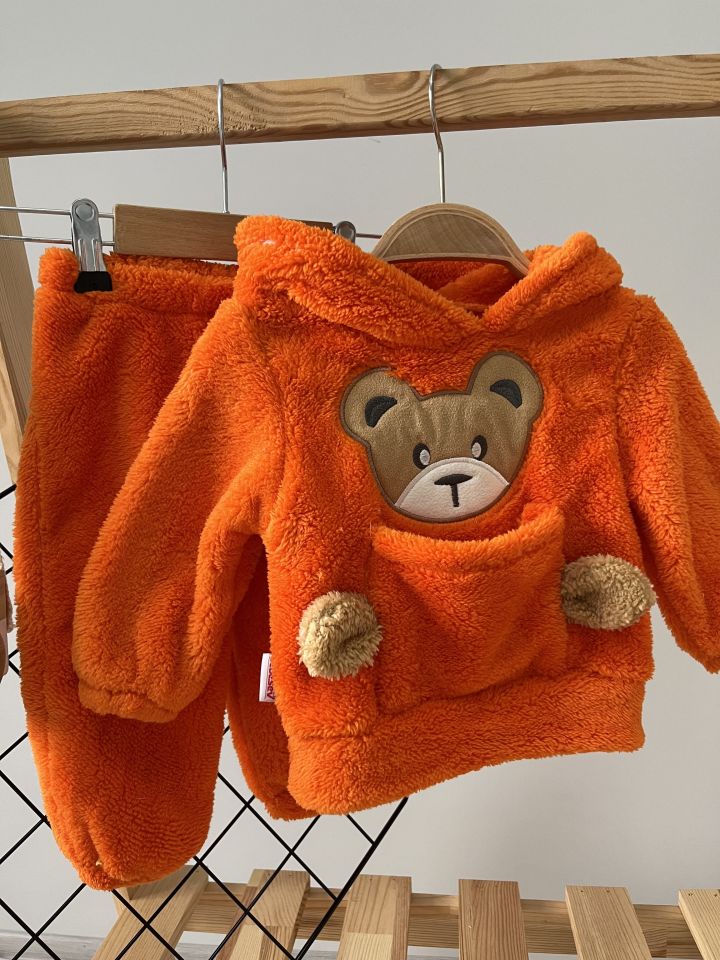 Kışlık Peluş Welsoft Cepli Kapüşonlu Bebek Takımı turuncu - 5 YAŞ