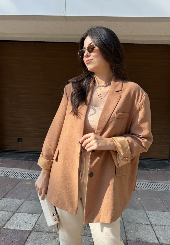 Camel Dokulu Blazer Ceket