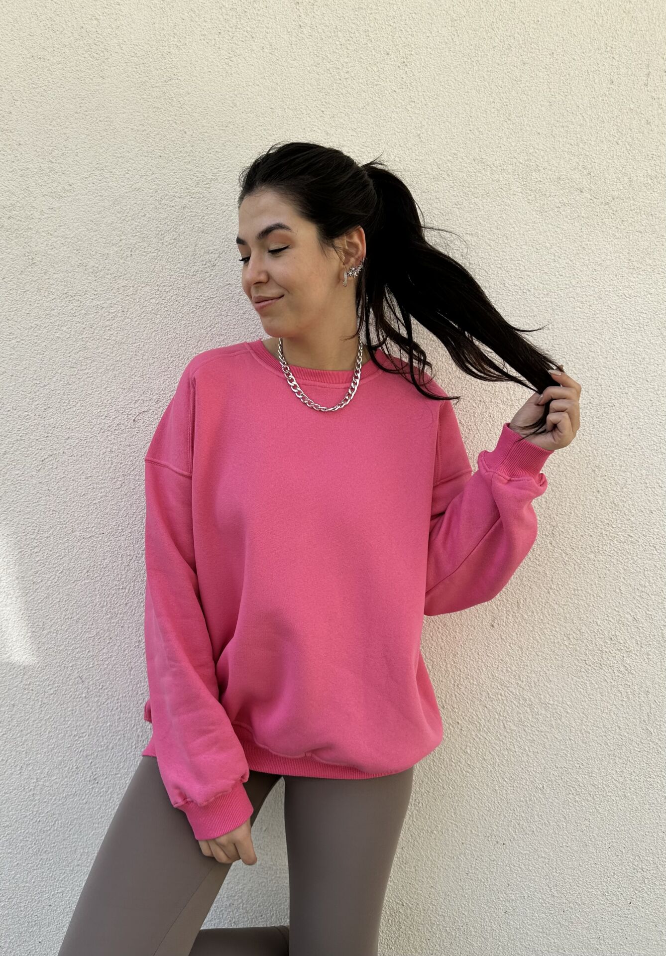 Omuz Dikiş Detay Oversize Sweat Pembe