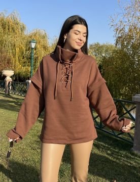 Tasarım İpli Kahverengi Sweatshirt