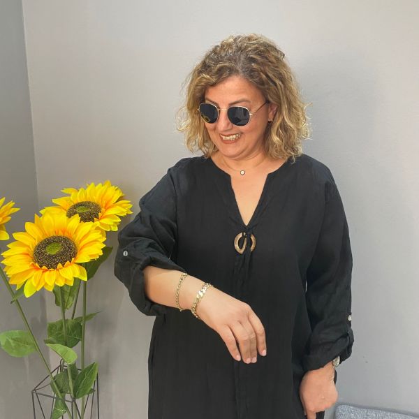 İtalyan Keten İki Düğmeli Elbise-Siyah