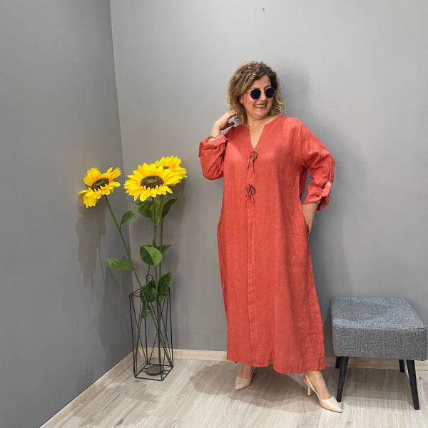 İtalyan Keten İki Düğmeli Elbise-Kiremit Rengi