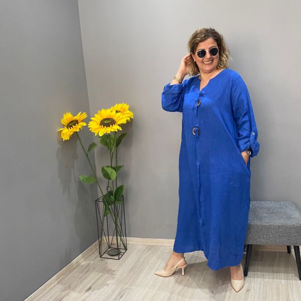İtalyan Keten İki Düğmeli Elbise-Saks Mavisi