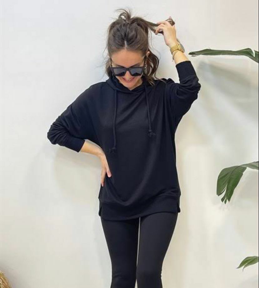 siyah Basic İki İplik Kapüşonlu Sweatshirt