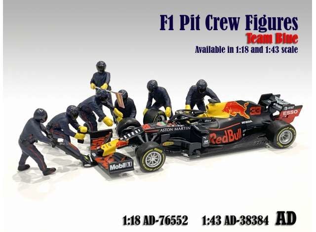 1/43 f1 pit crew figures set #1, team blue-purple 7 figures.