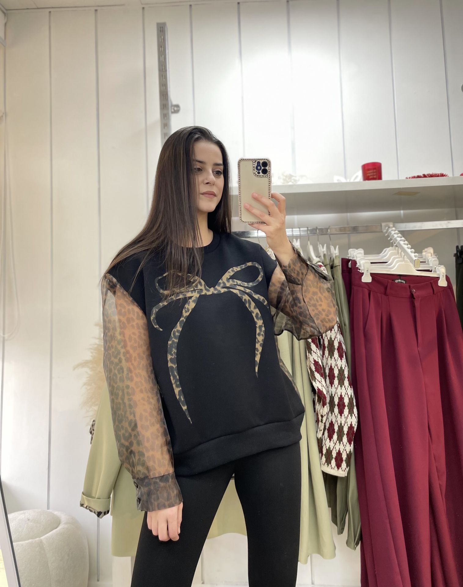 Tasarım Leopar Tüllü Sweatshirt