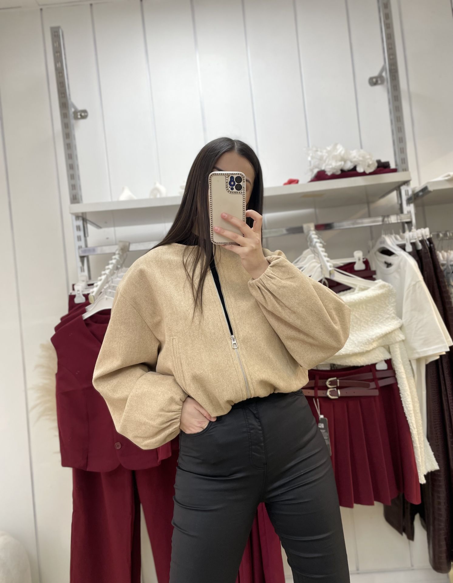 Quzu Fermuarlı Kaşe Bomber Ceket Camel