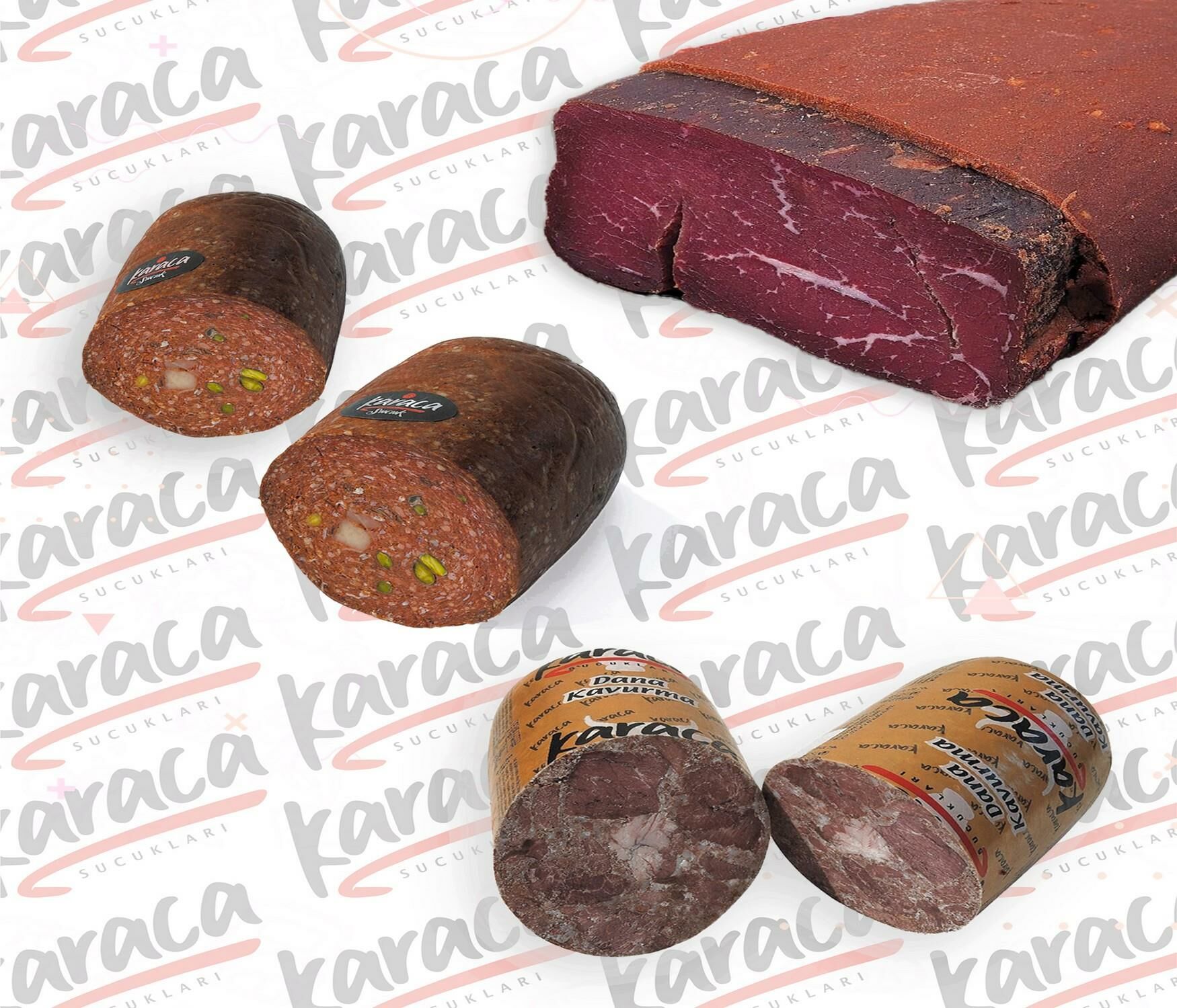 Karaca  Göden Antep Fıstıklı ve Hellim Peynirli Sucuk 750 Gr Yağsız Çemensiz Pastırma 750 Gr Blok Dana Kavurma 750 Gr