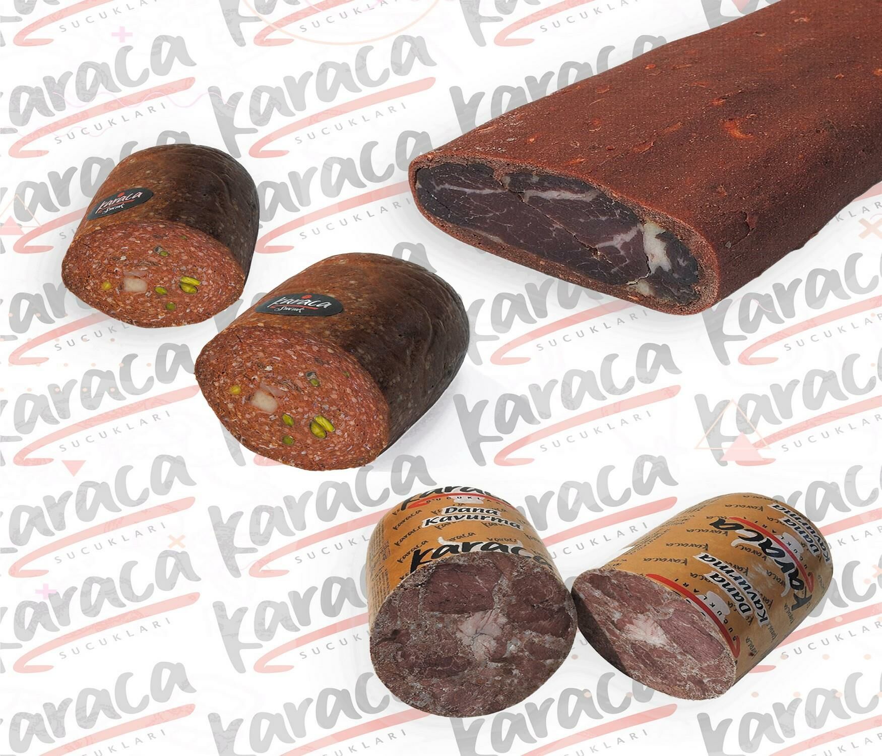 Karaca  Göden Antep Fıstıklı ve Hellim Peynirli Sucuk 750 Gr Bonfile Kuşgömü Çemensiz Pastırma 750 Gr Blok Dana Kavurma 750 Gr