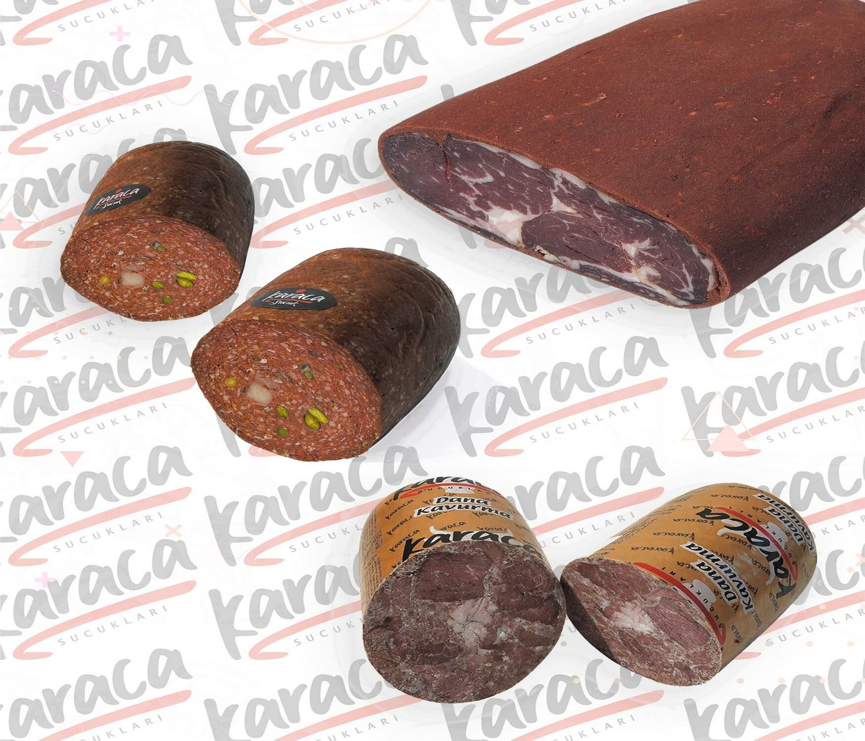 Karaca  Göden Antep Fıstıklı ve Hellim Peynirli Sucuk 750 Gr Harita Yağlı Pastırma 750 Gr Blok Dana Kavurma 750 Gr