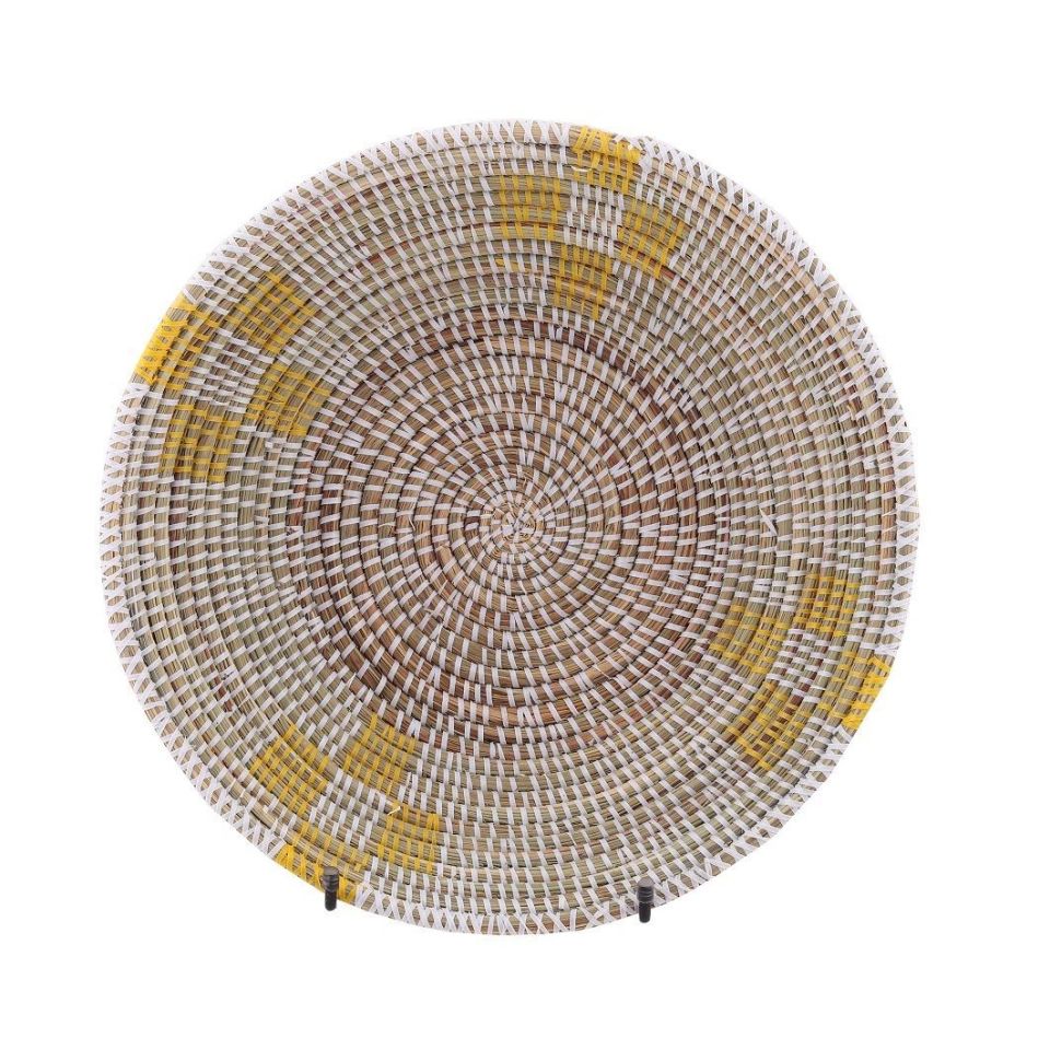 Hasır Duvar Sepeti Mozaik Beyaz/Sarı Desenli Q:32 cm