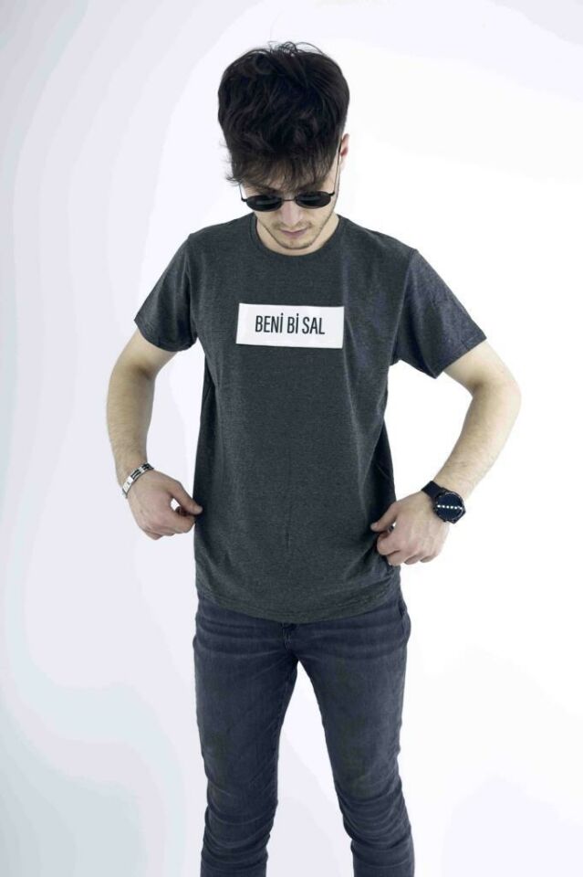Erkek Antrasit Slim Fit Mood T-shirt Cırt Cırtlı Değiştirilebilir Mood Sticker