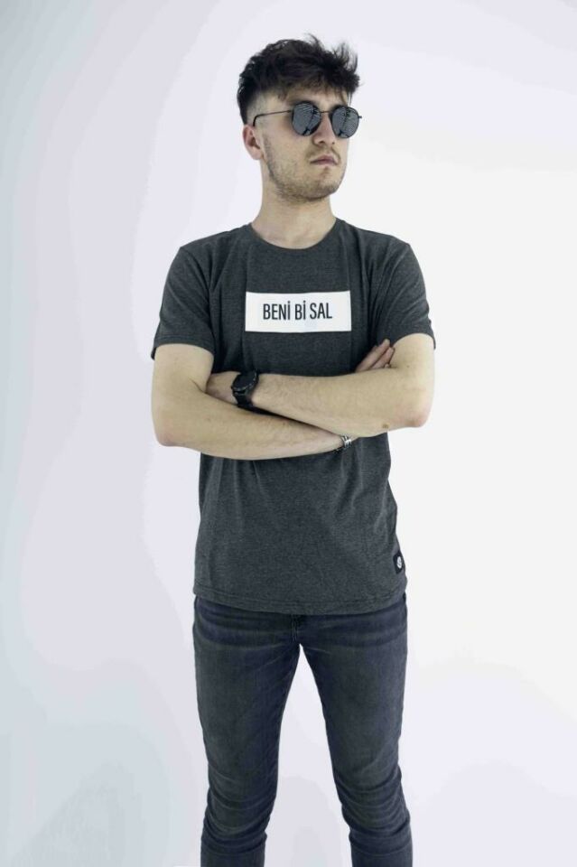 Erkek Antrasit Slim Fit Mood T-shirt Cırt Cırtlı Değiştirilebilir Mood Sticker