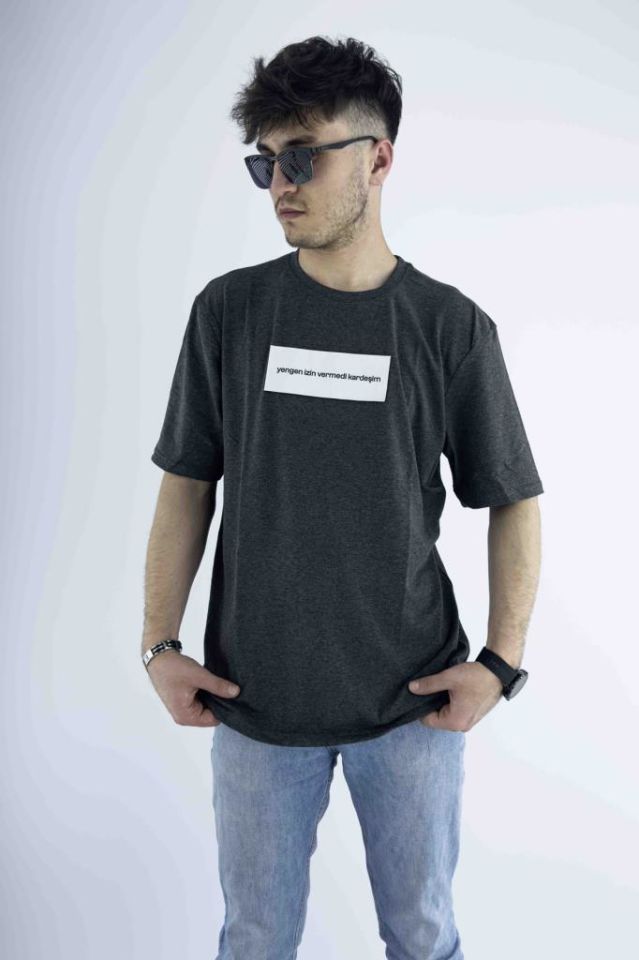 Erkek Antrasit Oversize Mood T-shirt Cırt Cırtlı Değiştirilebilir Mood Sticker