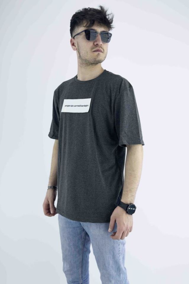 Erkek Antrasit Oversize Mood T-shirt Cırt Cırtlı Değiştirilebilir Mood Sticker