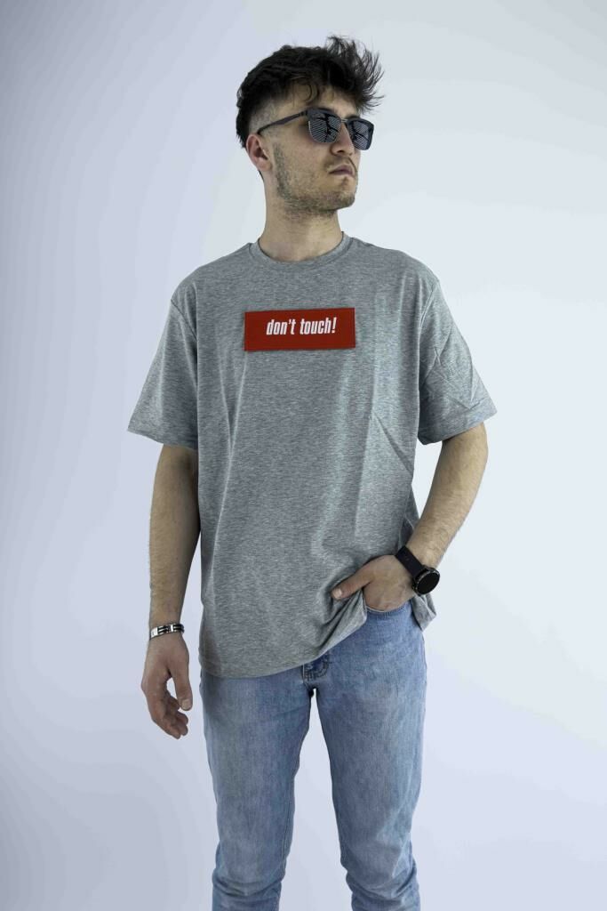 Erkek Gri Oversize Mood T-shirt Cırt Cırtlı Değiştirilebilir Mood Sticker