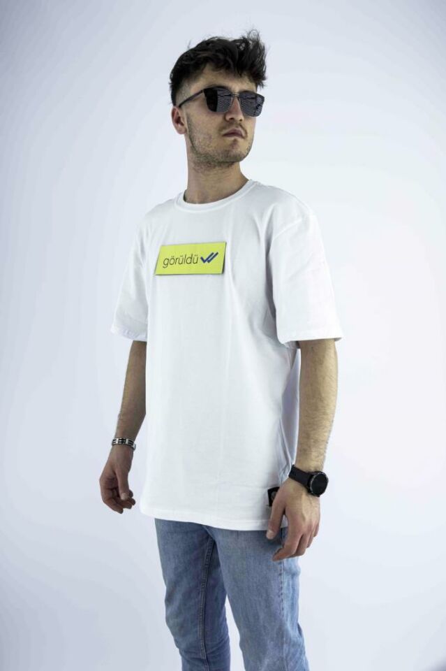 Erkek Ekru Oversize Mood T-shirt Cırt Cırtlı Değiştirilebilir Mood Sticker