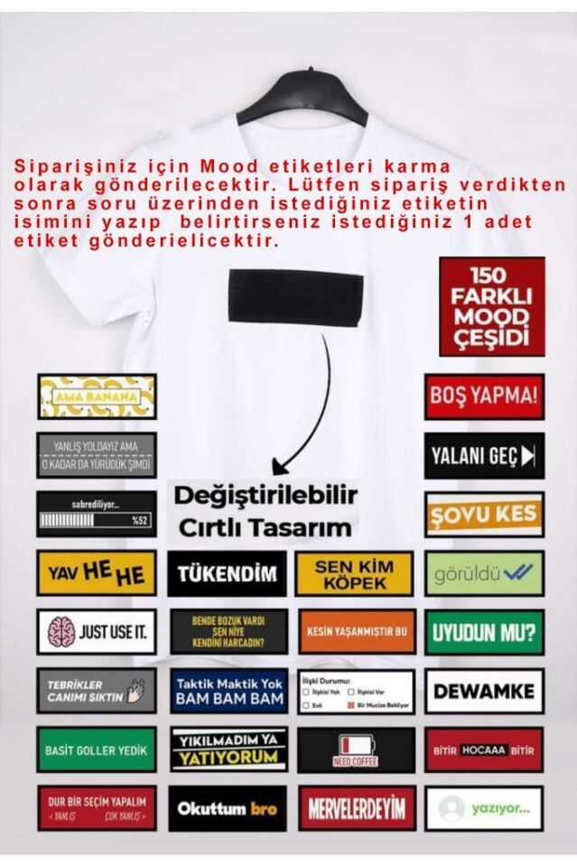 Erkek Bordo Slim Fit Mood T-shirt Cırt Cırtlı Değiştirilebilir Mood Sticker