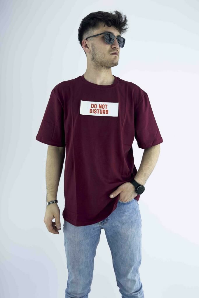 Erkek Bordo Oversize Mood T-shirt Cırt Cırtlı Değiştirilebilir Mood Sticker