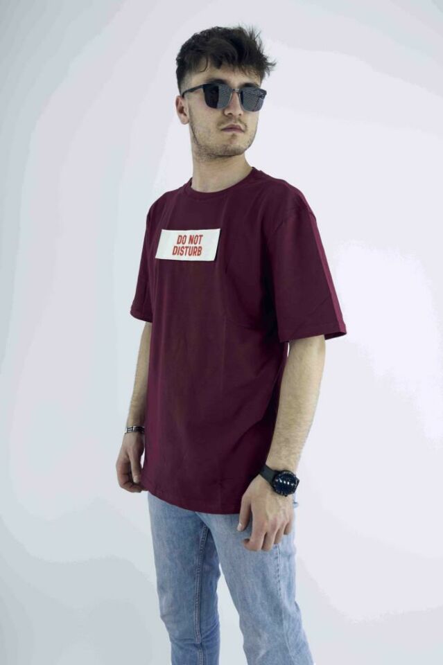 Erkek Bordo Oversize Mood T-shirt Cırt Cırtlı Değiştirilebilir Mood Sticker