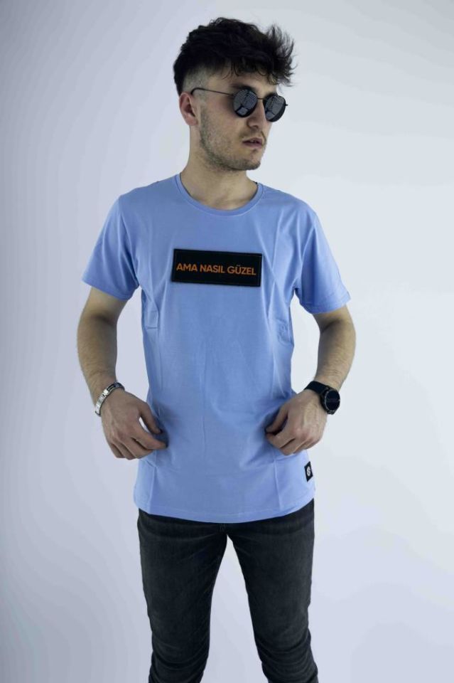 Erkek Mavi Slim Fit Mood T-shirt Cırt Cırtlı Değiştirilebilir Mood Sticker