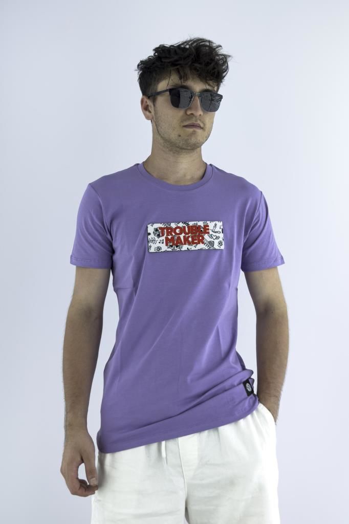 Erkek Lila Slim Fit Mood T-shirt Cırt Cırtlı Değiştirilebilir Mood Sticker
