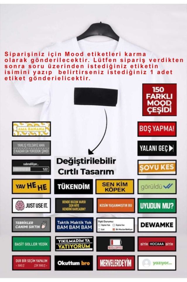 Erkek Sarı Slim Fit Mood T-shirt Cırt Cırtlı Değiştirilebilir Mood Sticker