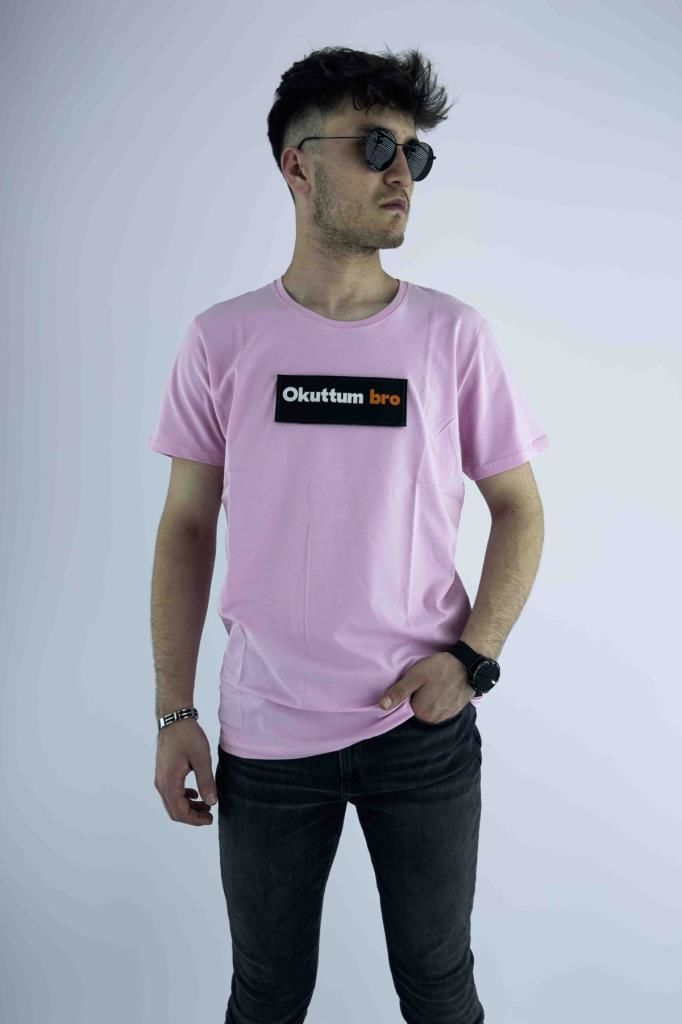 Erkek Pembe Slim Fit Mood T-shirt Cırt Cırtlı Değiştirilebilir Mood Sticker