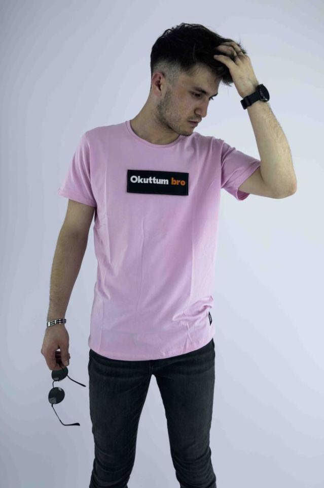 Erkek Pembe Slim Fit Mood T-shirt Cırt Cırtlı Değiştirilebilir Mood Sticker