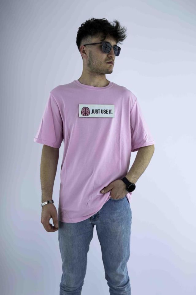 Erkek Pembe Oversize Mood T-shirt Cırt Cırtlı Değiştirilebilir Mood Sticker