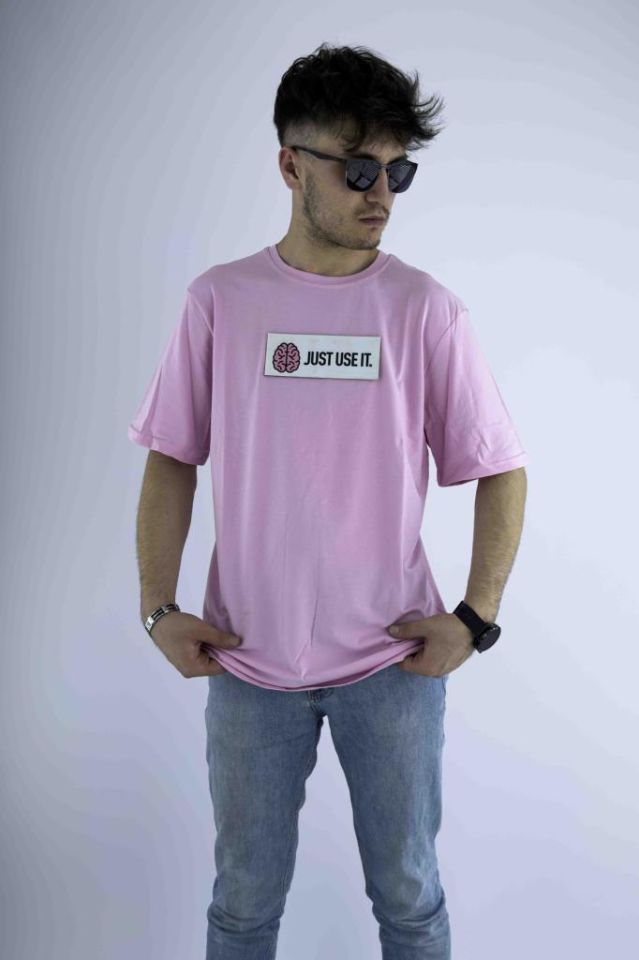 Erkek Pembe Oversize Mood T-shirt Cırt Cırtlı Değiştirilebilir Mood Sticker