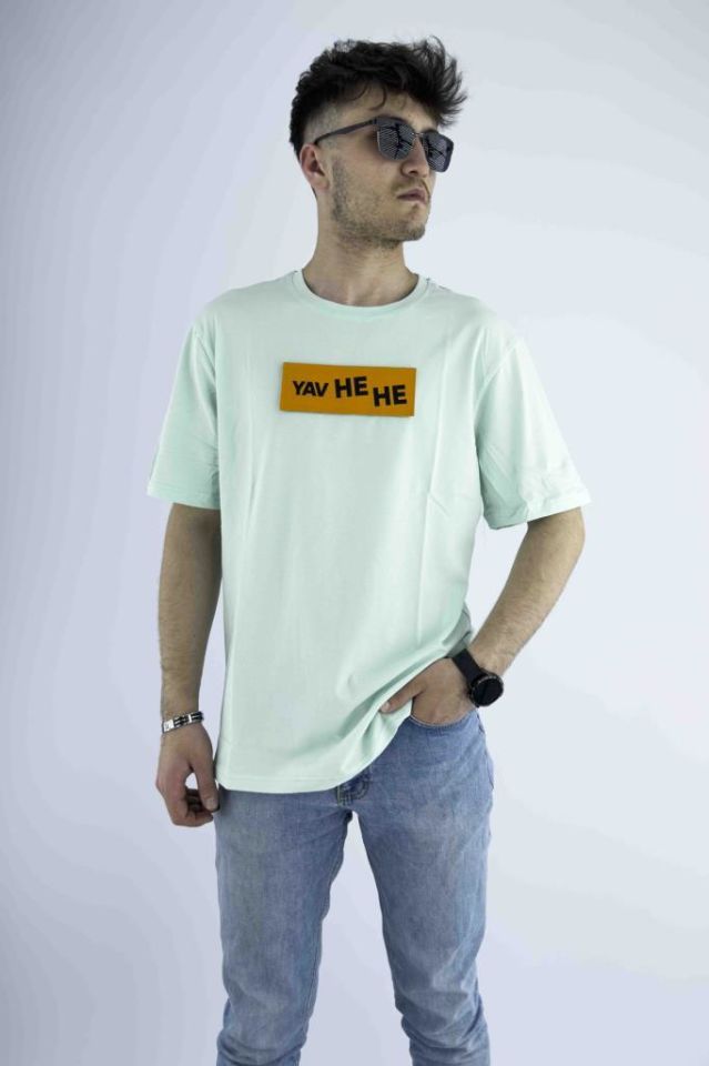 Erkek Su Yeşili Oversize Mood T-shirt Cırt Cırtlı Değiştirilebilir Mood Sticker