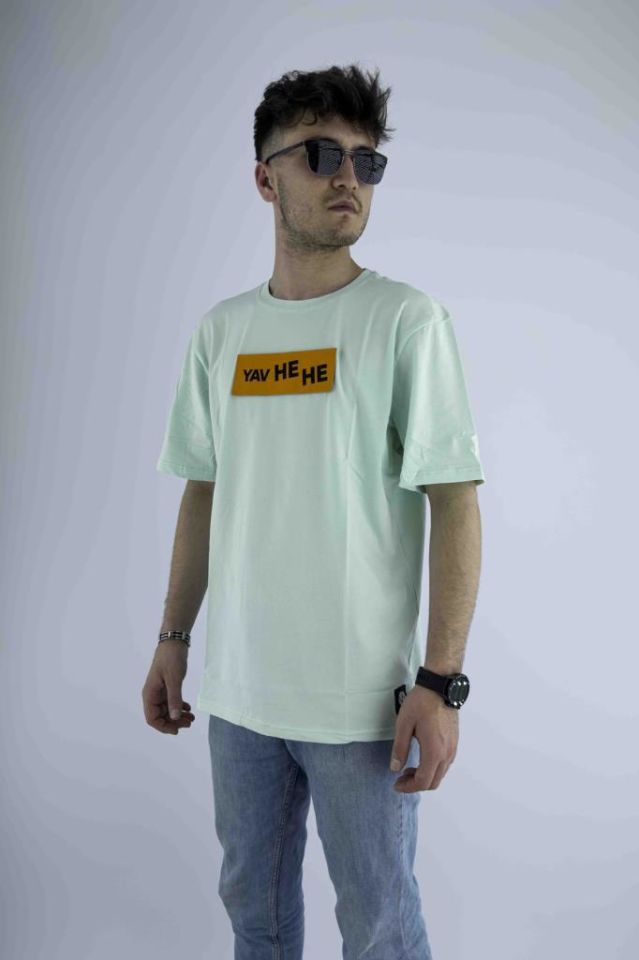 Erkek Su Yeşili Oversize Mood T-shirt Cırt Cırtlı Değiştirilebilir Mood Sticker