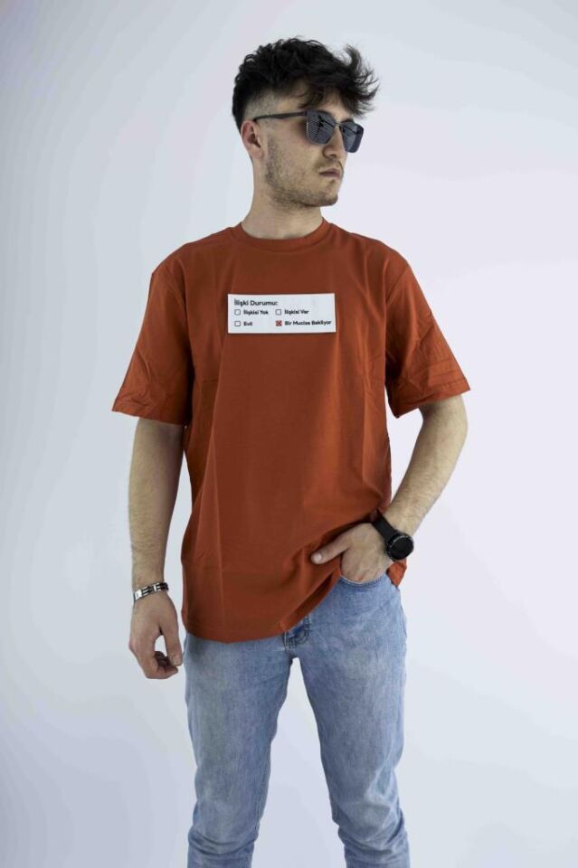 Erkek Turuncu Oversize Mood T-shirt Cırt Cırtlı Değiştirilebilir Mood Sticker