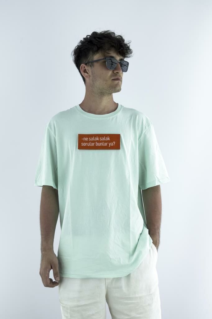 Erkek Su Yeşili Slim Fit Mood T-shirt Cırt Cırtlı Değiştirilebilir Mood Sticker