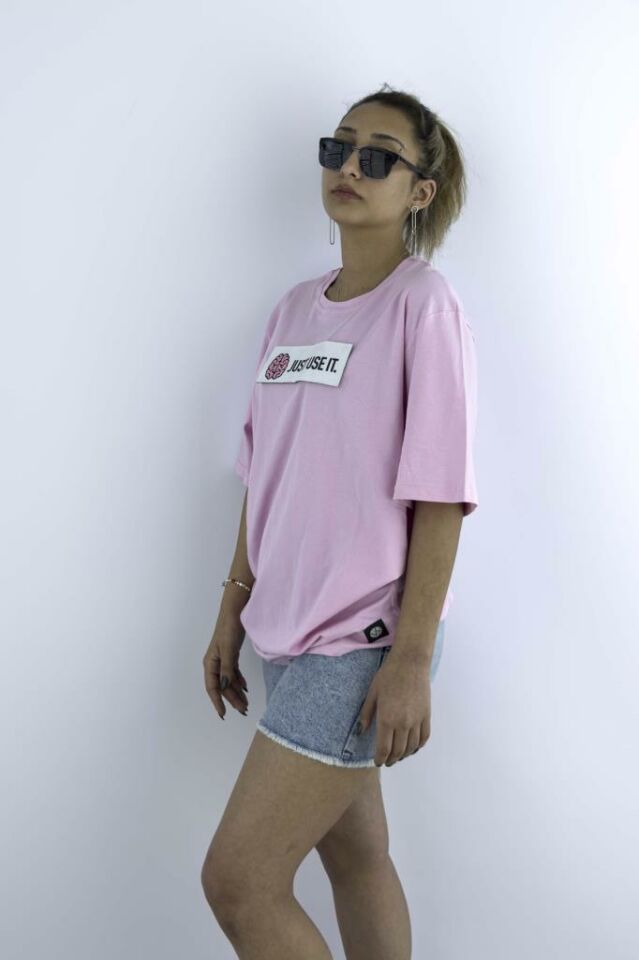 Kadın Pembe Oversize Mood T-shirt Cırt Cırtlı Değiştirilebilir Mood Sticker