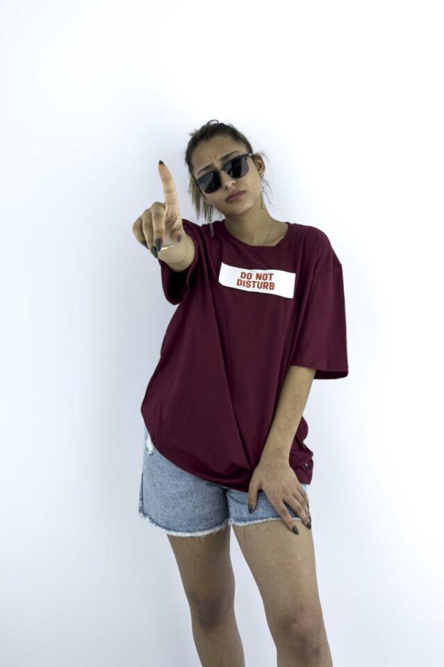 Kadın Bordo Oversize Mood T-shirt Cırt Cırtlı Değiştirilebilir Mood Sticker