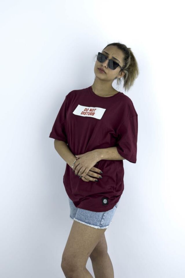 Kadın Bordo Oversize Mood T-shirt Cırt Cırtlı Değiştirilebilir Mood Sticker