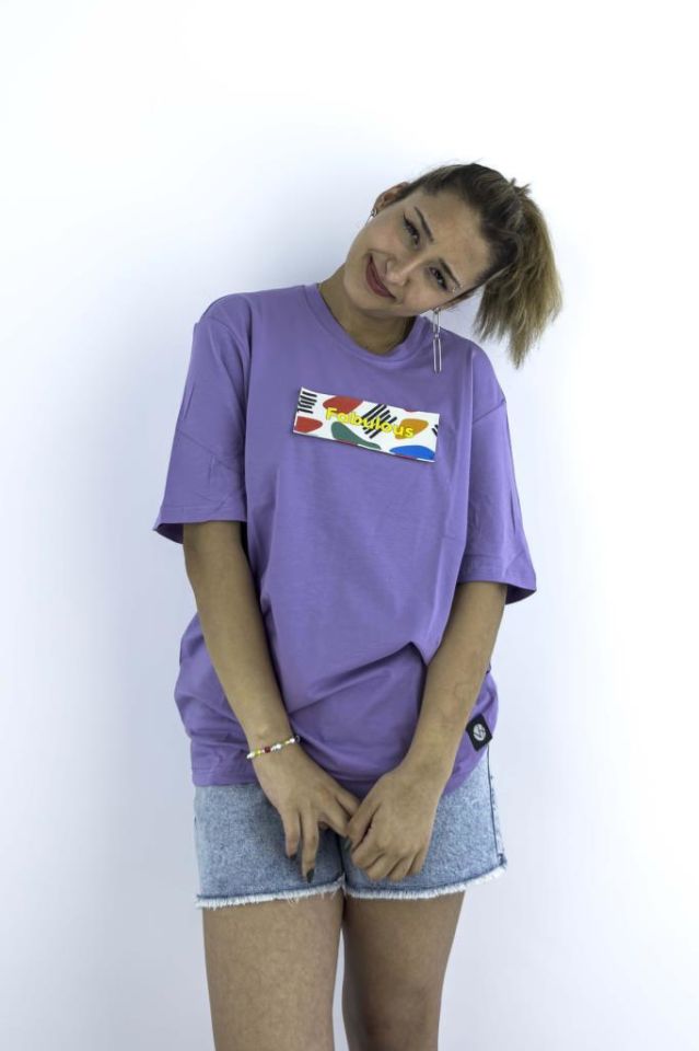 Kadın Lila Slim Fit Mood T-shirt Cırt Cırtlı Değiştirilebilir Mood Sticker