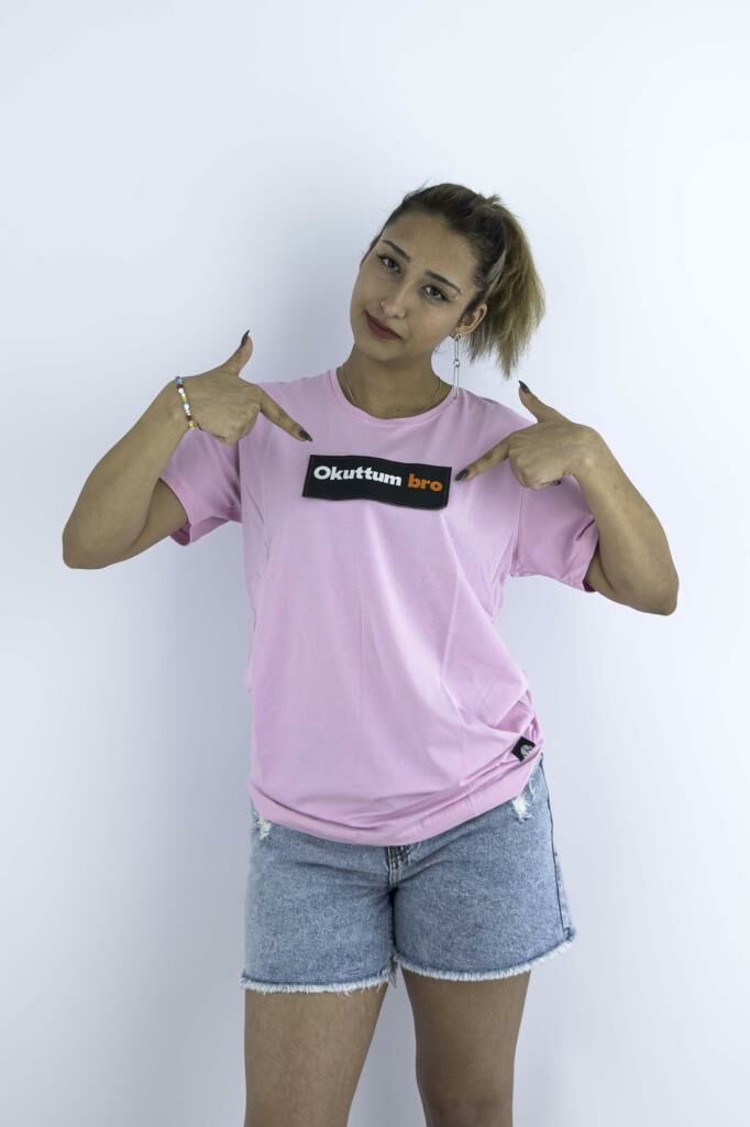 Kadın Pembe Slim Fit Mood T-shirt Cırt Cırtlı Değiştirilebilir Mood Sticker