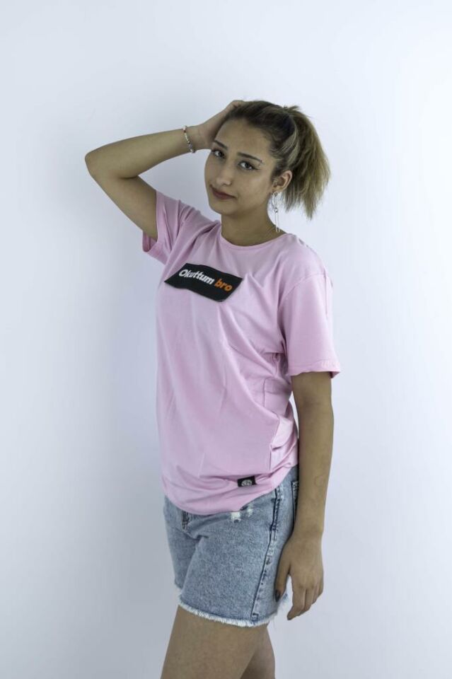 Kadın Pembe Slim Fit Mood T-shirt Cırt Cırtlı Değiştirilebilir Mood Sticker