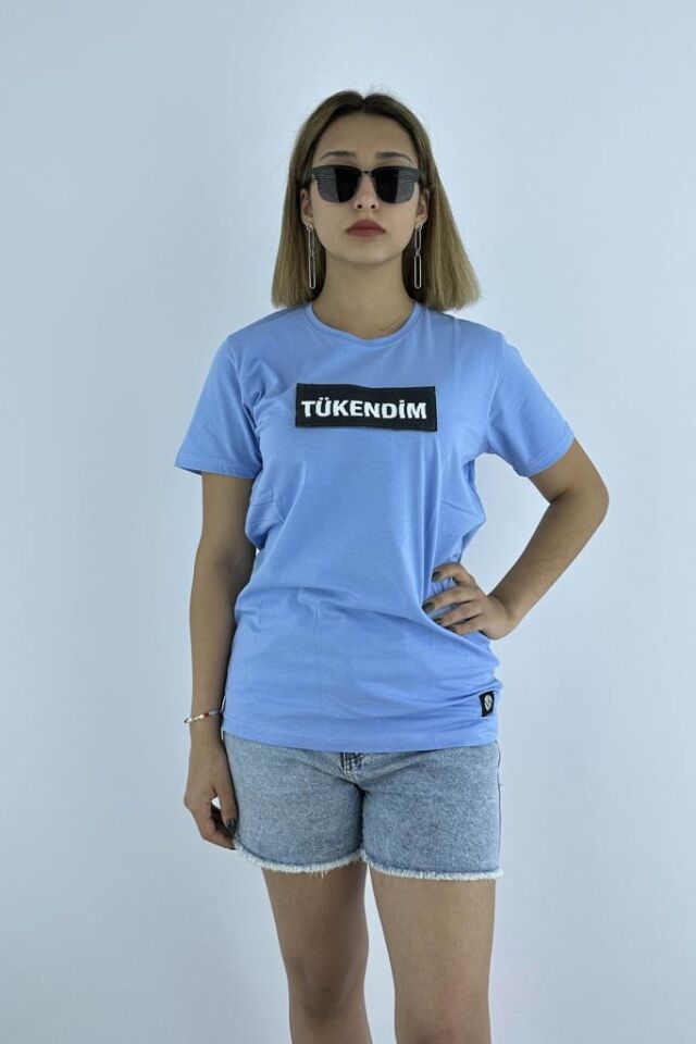 Kadın Mavi Slim Fit Mood T-shirt Cırt Cırtlı Değiştirilebilir Mood Sticker