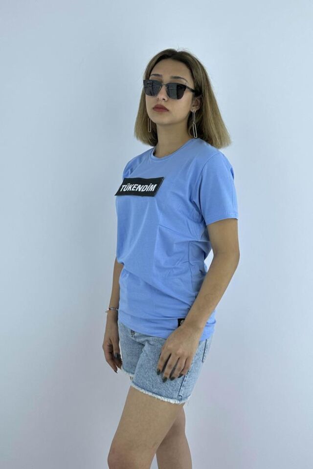 Kadın Mavi Slim Fit Mood T-shirt Cırt Cırtlı Değiştirilebilir Mood Sticker