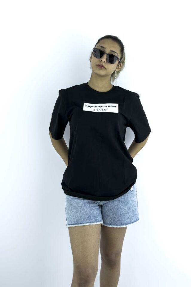Kadın Siyah Slim Fit Mood T-shirt Cırt Cırtlı Değiştirilebilir Mood Sticker