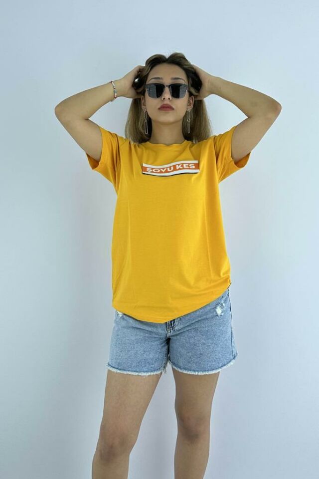Kadın Sarı Slim Fit Mood T-shirt Cırt Cırtlı Değiştirilebilir Mood Sticker