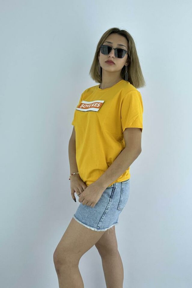 Kadın Sarı Slim Fit Mood T-shirt Cırt Cırtlı Değiştirilebilir Mood Sticker
