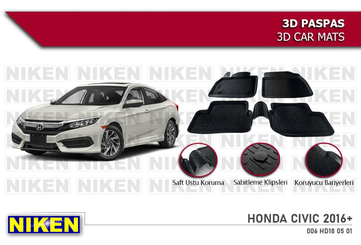 Honda Civic Havuzlu 3D Paspas Niken Siyah 2016-Sonrası