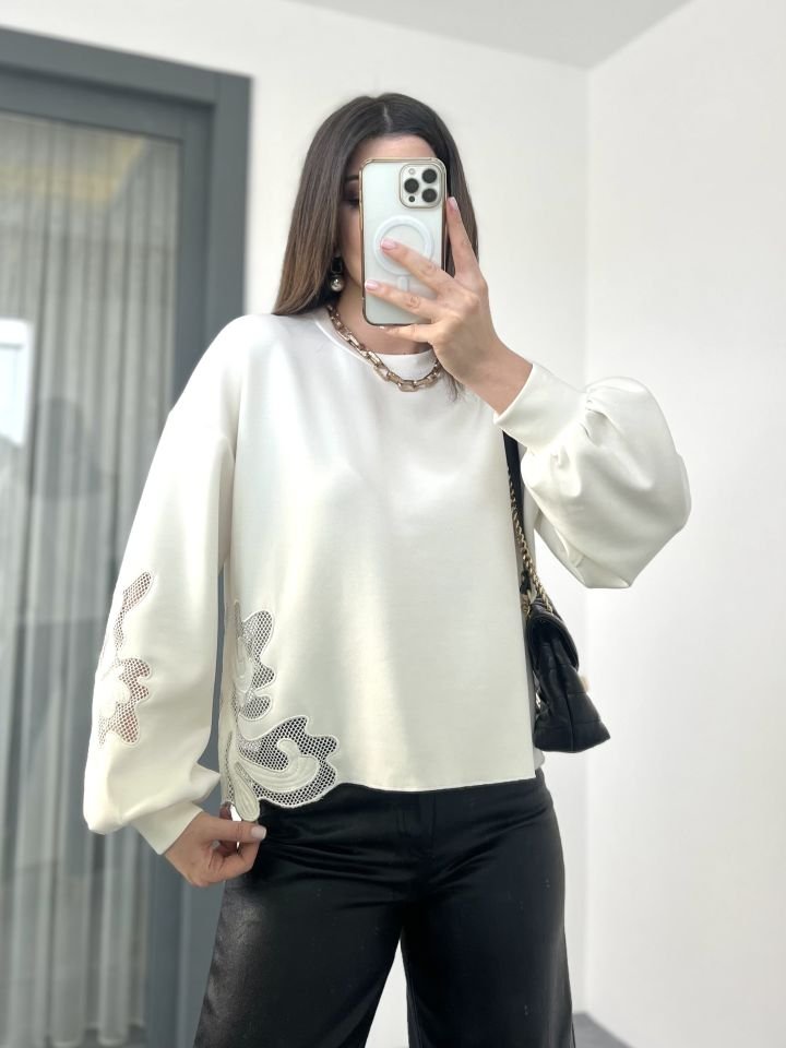 Beyaz Modal Kumaş Petek Detay Sweatshirt